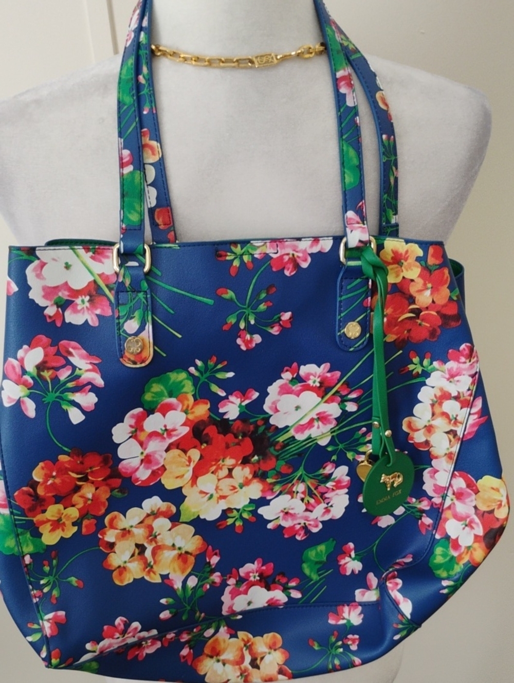 Emma Fox Navy Floral Tote with Green Accent Strap